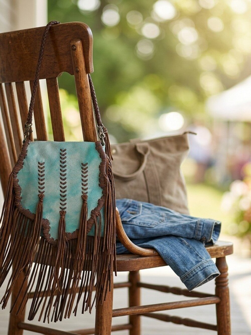 American Darling Aqua and Brown Fringe Crossbody Bag - Picture 2 of 4